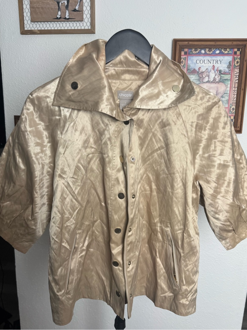 Chico's Gold Short-Sleeve Satin Jacket size 1